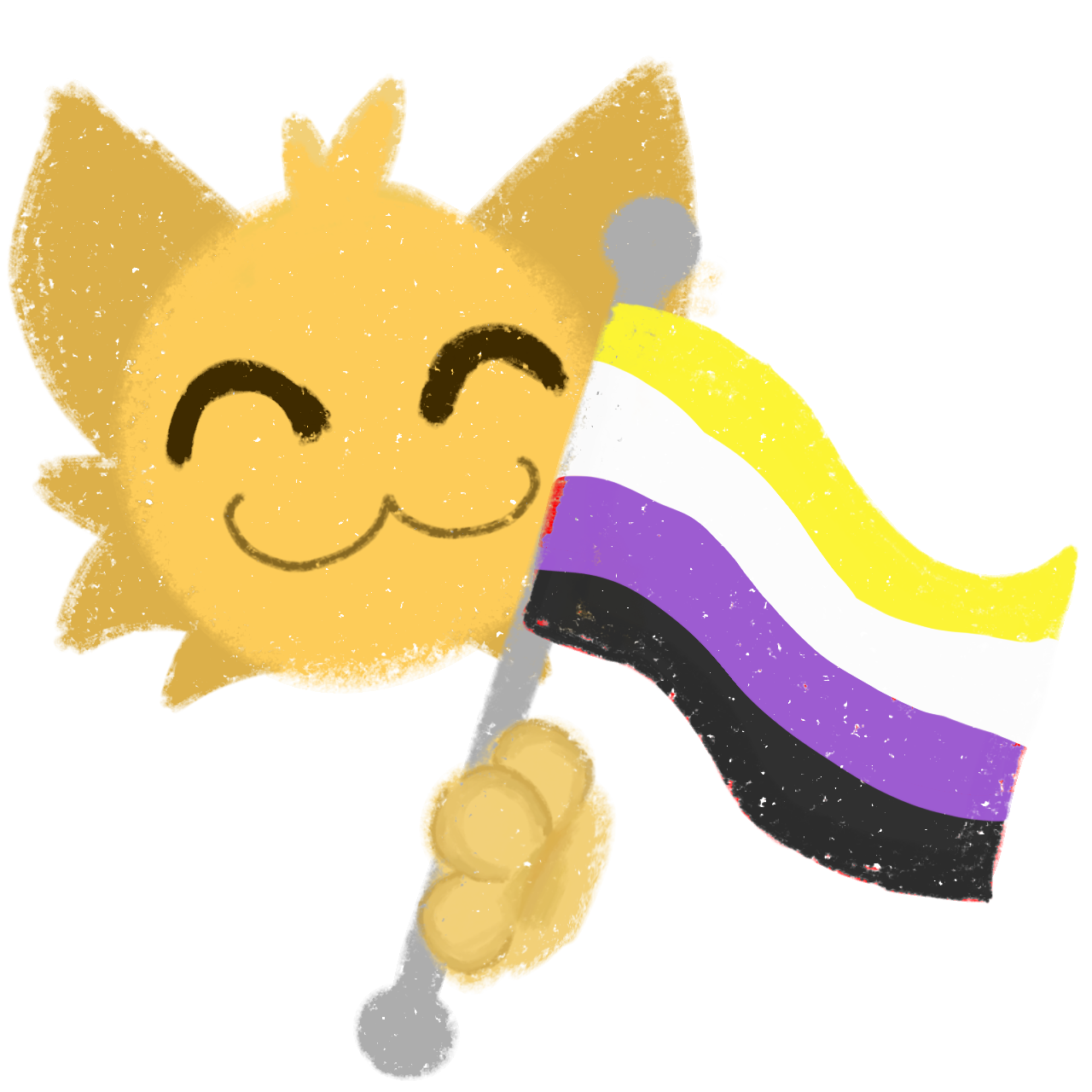  a cute, stylized, yellow cat-like character with a happy expression, holding a  Nonbinary Pride Flag, which includes four horizontal stripes in the following colors from top to bottom: yellow, white, purple, and black. The cat character has round, simple facial features, and the image has a textured, slightly rough, hand-drawn look.